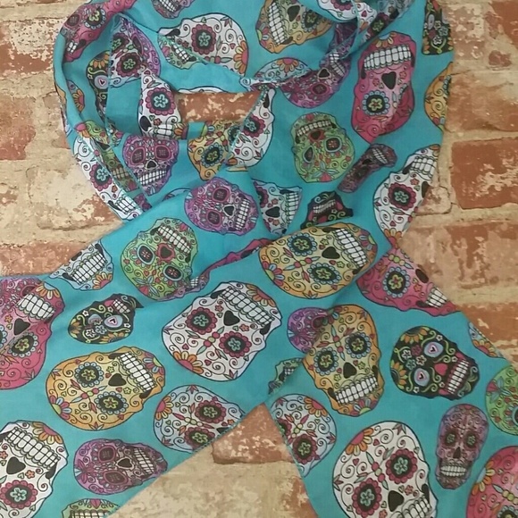 Scarf Sugar Skull Turquoise blue skeleton head NEW - Picture 3 of 4